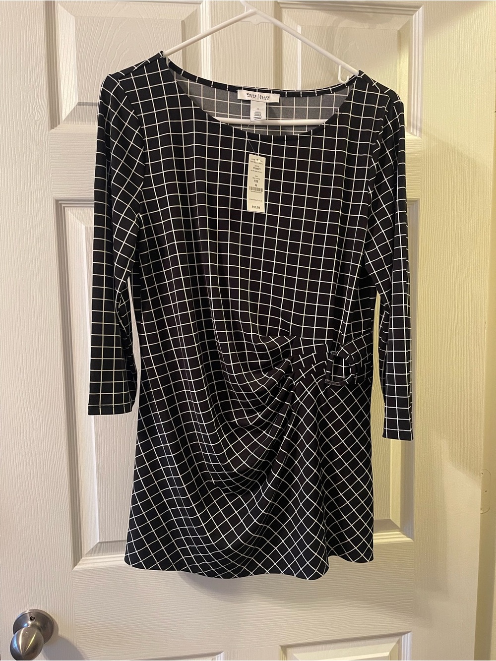 White House Black Market Black & White Grid Tie-Detail Long Sleeve Tunic